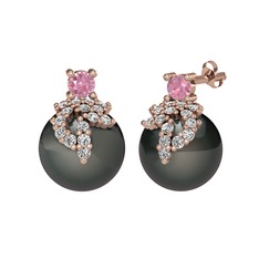 Afra İnci Küpe - Pembe kuvars, swarovski ve siyah inci 18 ayar rose altın küpe #m6nwz8
