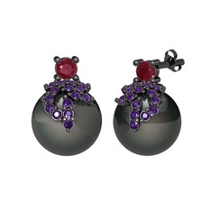 Afra İnci Küpe - Kök yakut, ametist ve siyah inci 925 ayar siyah rodyum kaplama gümüş küpe #m78dmi