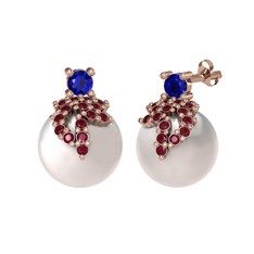 Afra İnci Küpe - Lab safir, kök yakut ve inci 8 ayar rose altın küpe #mavmrv