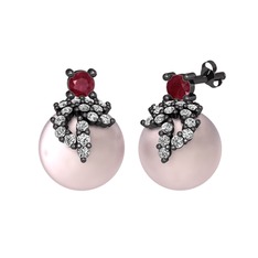 Kök yakut, swarovski ve pembe inci 925 ayar siyah rodyum kaplama gümüş küpe
