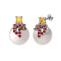 Afra İnci Küpe - Sitrin, garnet ve inci 8 ayar beyaz altın küpe #mejox5