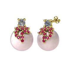 Pırlanta, rodolit garnet ve pembe inci 8 ayar altın küpe (0.22 karat)
