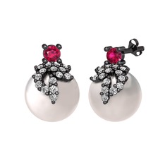 Afra İnci Küpe - Rodolit garnet, swarovski ve inci 925 ayar siyah rodyum kaplama gümüş küpe #mk7ybe