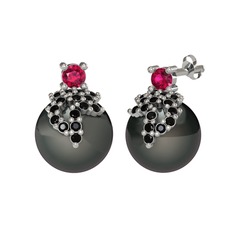 Rodolit garnet, siyah zirkon ve siyah inci 18 ayar beyaz altın küpe