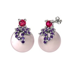 Rodolit garnet, ametist ve pembe inci 18 ayar beyaz altın küpe