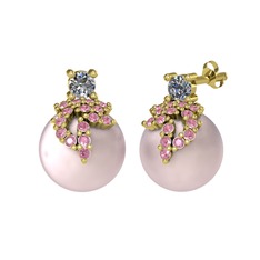 Pırlanta, pembe kuvars ve pembe inci 8 ayar altın küpe (0.22 karat)