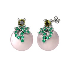 Peridot, kök zümrüt ve pembe inci 14 ayar beyaz altın küpe