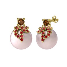 Afra İnci Küpe - Dumanlı kuvars, garnet ve pembe inci 8 ayar altın küpe #nmvh37