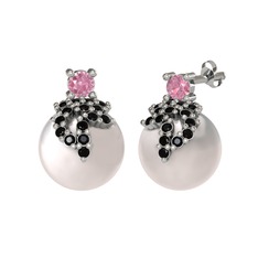 Afra İnci Küpe - Pembe kuvars, siyah zirkon ve inci 925 ayar gümüş küpe #nos5sy