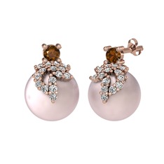 Afra İnci Küpe - Dumanlı kuvars, swarovski ve pembe inci 14 ayar rose altın küpe #o3y39o