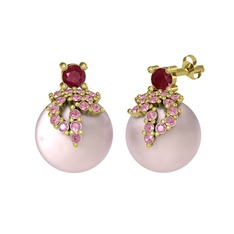 Kök yakut, pembe kuvars ve pembe inci 18 ayar altın küpe