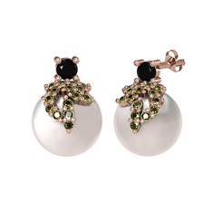 Afra İnci Küpe - Siyah zirkon, peridot ve inci 8 ayar rose altın küpe #obp8ye