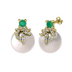 Kök zümrüt, swarovski ve inci 14 ayar altın küpe