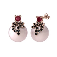 Afra İnci Küpe - Kök yakut, siyah zirkon ve pembe inci 18 ayar rose altın küpe #ojb471