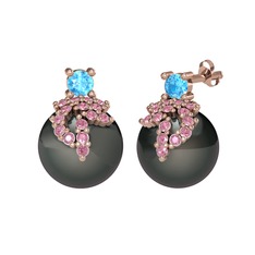 Akuamarin, pembe kuvars ve siyah inci 925 ayar rose altın kaplama gümüş küpe