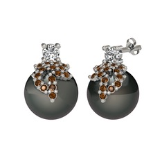 Afra İnci Küpe - Swarovski, dumanlı kuvars ve siyah inci 14 ayar beyaz altın küpe #ox5bhw