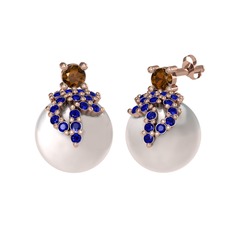 Afra İnci Küpe - Dumanlı kuvars, lab safir ve inci 14 ayar rose altın küpe #ozrj96