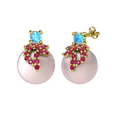 Akuamarin, rodolit garnet ve pembe inci 8 ayar altın küpe