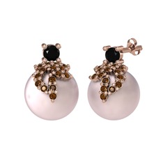 Afra İnci Küpe - Siyah zirkon, dumanlı kuvars ve pembe inci 8 ayar rose altın küpe #pckjvk