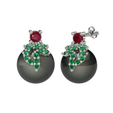 Afra İnci Küpe - Kök yakut, yeşil kuvars ve siyah inci 925 ayar gümüş küpe #pjau6i