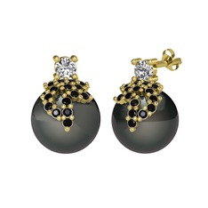 Afra İnci Küpe - Swarovski, siyah zirkon ve siyah inci 8 ayar altın küpe #ppm965
