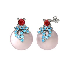 Afra İnci Küpe - Garnet, akuamarin ve pembe inci 8 ayar beyaz altın küpe #prj9rv