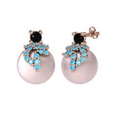 Afra İnci Küpe - Siyah zirkon, akuamarin ve pembe inci 8 ayar rose altın küpe #q69s4e