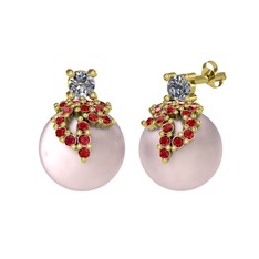 Afra İnci Küpe - Pırlanta, garnet ve pembe inci 8 ayar altın küpe (0.22 karat) #q8bm5x