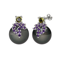 Afra İnci Küpe - Peridot, ametist ve siyah inci 14 ayar beyaz altın küpe #q8gwsz