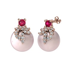 Rodolit garnet, beyaz zirkon ve pembe inci 925 ayar rose altın kaplama gümüş küpe
