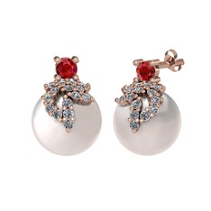 Garnet, pırlanta ve inci 14 ayar rose altın küpe (0.352 karat)