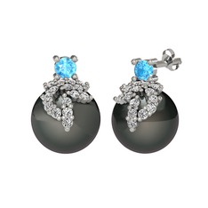 Akuamarin, swarovski ve siyah inci 18 ayar beyaz altın küpe