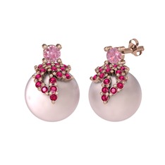 Pembe kuvars, rodolit garnet ve pembe inci 14 ayar rose altın küpe