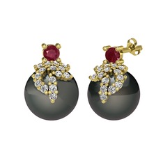 Afra İnci Küpe - Kök yakut, beyaz zirkon ve siyah inci 18 ayar altın küpe #qxtsag