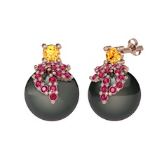 Afra İnci Küpe - Sitrin, rodolit garnet ve siyah inci 925 ayar rose altın kaplama gümüş küpe #r5w809