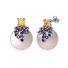 Sitrin, ametist ve pembe inci 18 ayar beyaz altın küpe