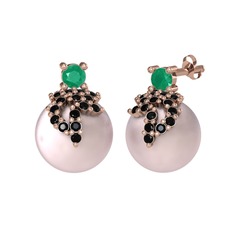 Afra İnci Küpe - Kök zümrüt, siyah zirkon ve pembe inci 925 ayar rose altın kaplama gümüş küpe #re1pby