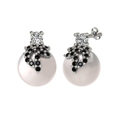 Afra İnci Küpe - Beyaz zirkon, siyah zirkon ve inci 925 ayar gümüş küpe #retp9z