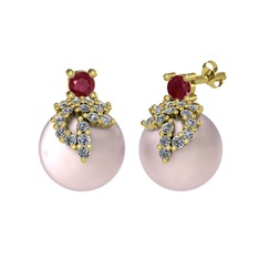 Kök yakut, pırlanta ve pembe inci 925 ayar altın kaplama gümüş küpe (0.352 karat)