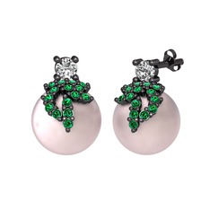 Afra İnci Küpe - Swarovski, yeşil kuvars ve pembe inci 925 ayar siyah rodyum kaplama gümüş küpe #s83x5k