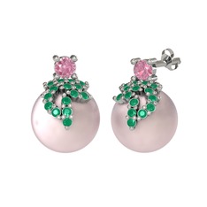 Afra İnci Küpe - Pembe kuvars, kök zümrüt ve pembe inci 18 ayar beyaz altın küpe #s8fwt8