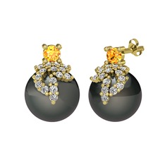 Afra İnci Küpe - Sitrin, swarovski ve siyah inci 14 ayar altın küpe #s9plo4