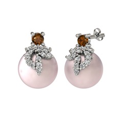 Afra İnci Küpe - Dumanlı kuvars, beyaz zirkon ve pembe inci 14 ayar beyaz altın küpe #sdjl3g