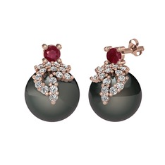 Afra İnci Küpe - Kök yakut, beyaz zirkon ve siyah inci 8 ayar rose altın küpe #sfmfz5