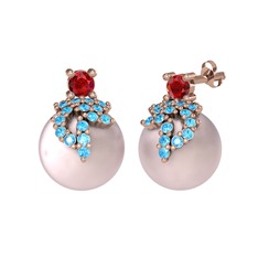 Afra İnci Küpe - Garnet, akuamarin ve pembe inci 8 ayar rose altın küpe #sihi3k