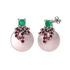 Afra İnci Küpe - Kök zümrüt, kök yakut ve pembe inci 8 ayar beyaz altın küpe #smhapg