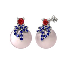 Afra İnci Küpe - Garnet, lab safir ve pembe inci 18 ayar beyaz altın küpe #ssbh9i