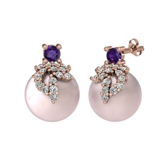 Afra İnci Küpe - Ametist, swarovski ve pembe inci 18 ayar rose altın küpe #t2d453
