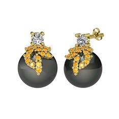 Swarovski, sitrin ve siyah inci 18 ayar altın küpe