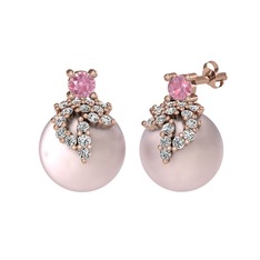 Afra İnci Küpe - Pembe kuvars, beyaz zirkon ve pembe inci 8 ayar rose altın küpe #t5zwat